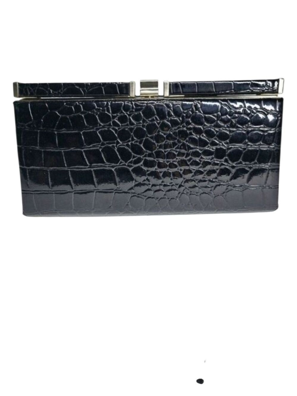 LOFT Black Croc Embossed Patent Clutch | Structured Frame Evening Bag